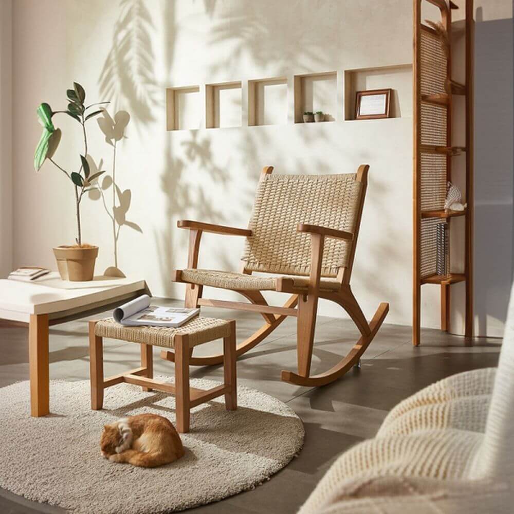 Cozy wooden rocking chair with ottoman