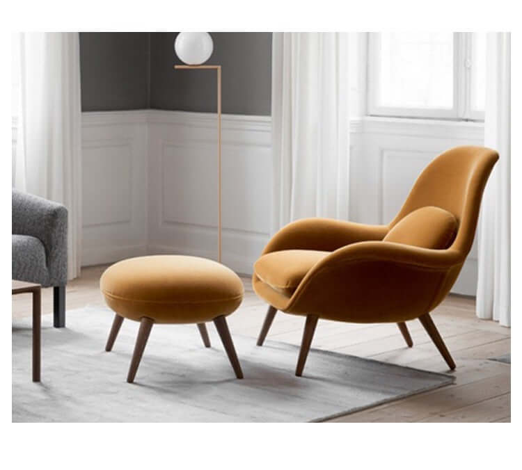 Nordic modern single sofa lounge chair with velvet fabric cushion and ottoman set