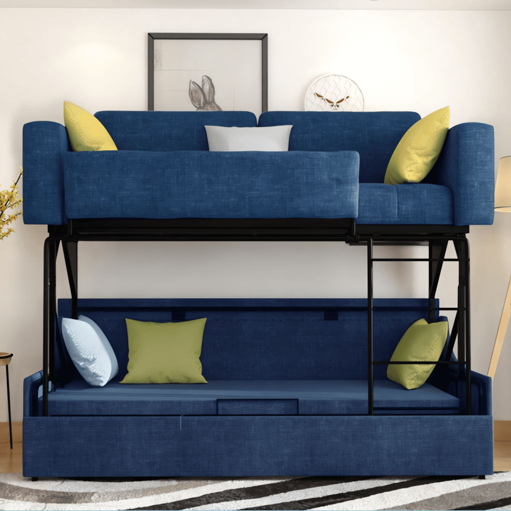 Convertible folding wood bunk bed sleeper with gray, blue, and khaki cushions included