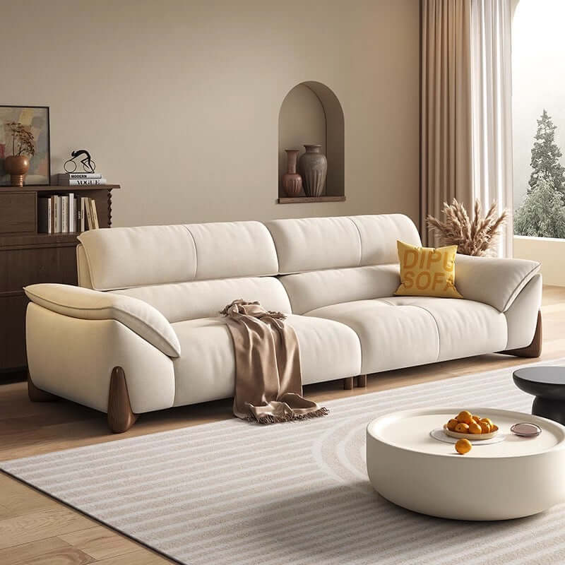 Modern green and white sofa with soft tech fabric, perfect for a cozy living room