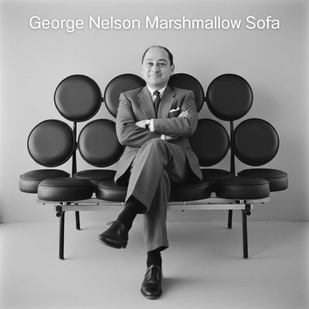 George Nelson sitting on the Marshmallow Sofa he designed