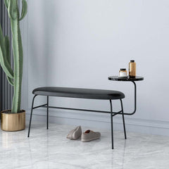 Elegant modern oval-shaped bench with side table in rich brown PU leather