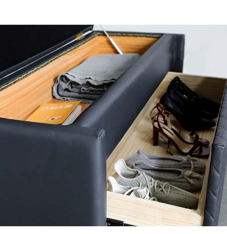 Elegant orange vegan leather upholstered bench with liftable seat and hidden storage ottoman