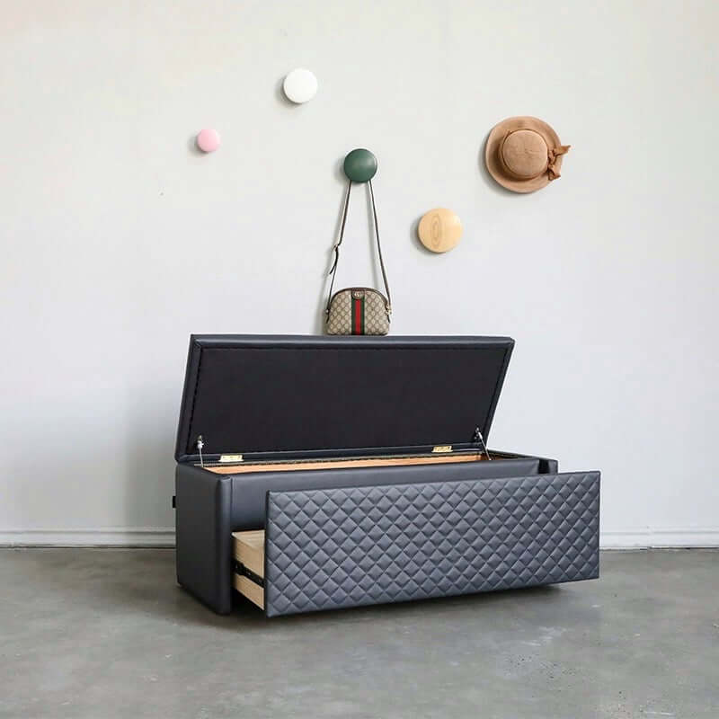 Stylish liftable bench upholstered in orange vegan leather with concealed storage ottoman