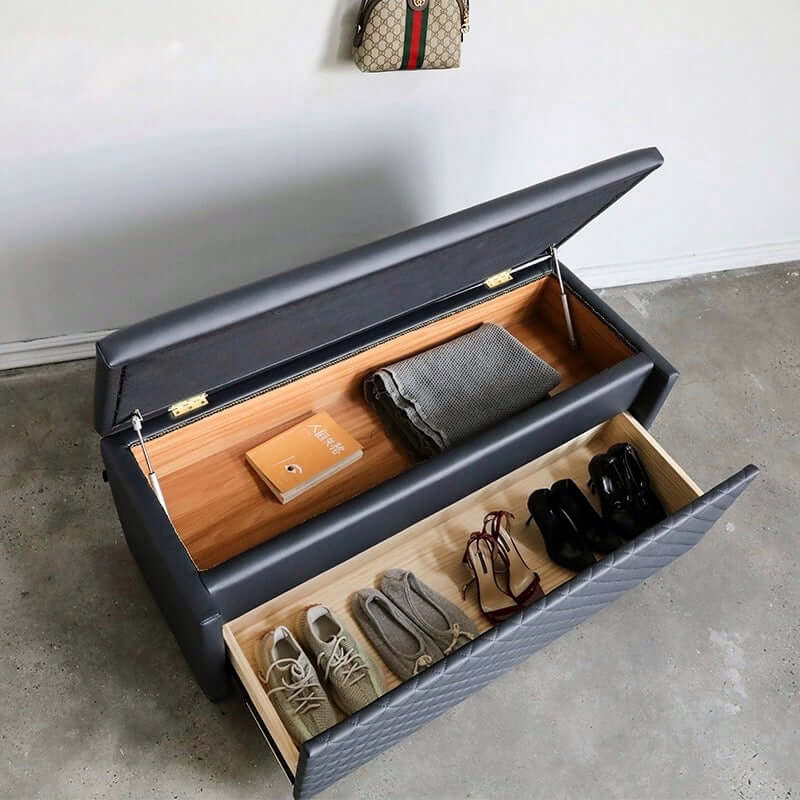 Contemporary orange vegan leather upholstered bench with liftable top and integrated storage