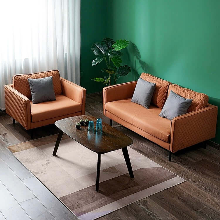 Modern 3-seater Orange Leathaire Fabric Sofa with Square Arm and decorative pillows