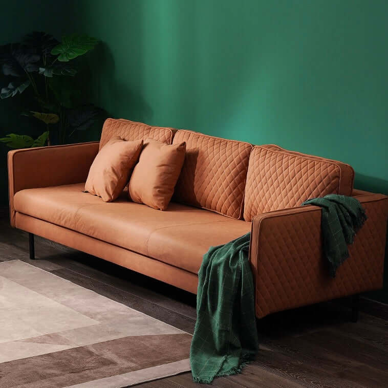 Contemporary Orange Leathaire Fabric Upholstered Sofa with Square Arm and Back Pillows