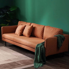 Contemporary Orange Leathaire Fabric Upholstered Sofa with Square Arm and Back Pillows