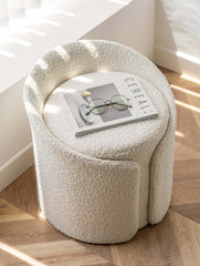 Stylish modern white round lamb boucle sherpa vanity stool with cozy sherpa backrest