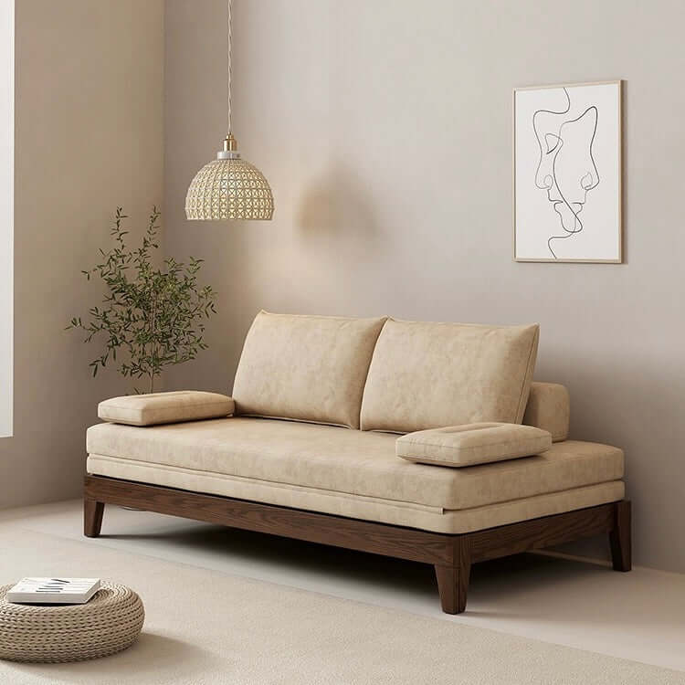 Modern Nordic khaki solid wood sofa bed with pull out feature and convertible sleeper design メイン画像