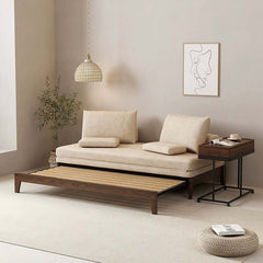 Khaki cotton and linen convertible sleeper sofa with pull out wood design in modern Nordic style