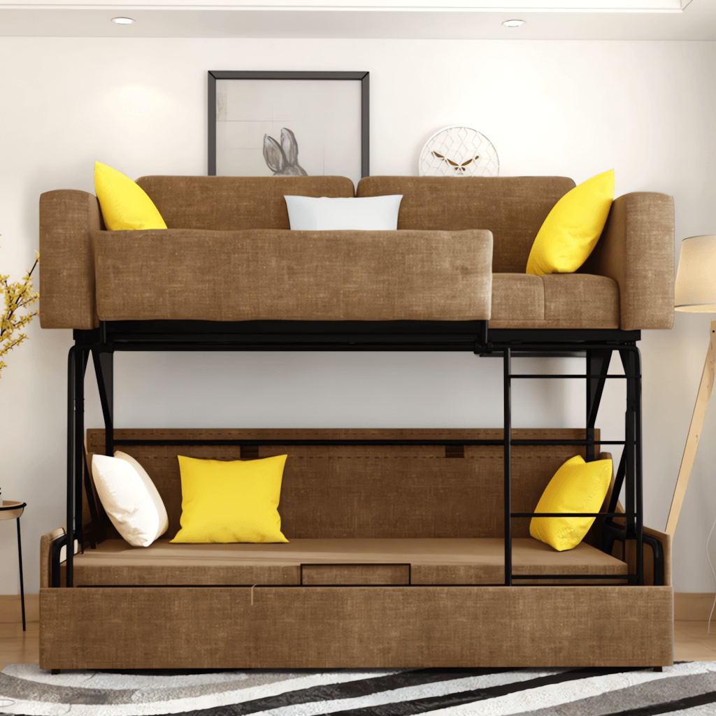 Convertible folding wood bunk bed sleeper with gray, blue, and khaki cushions included