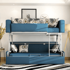 Convertible folding wood bunk bed sleeper with gray, blue, and khaki cushions included