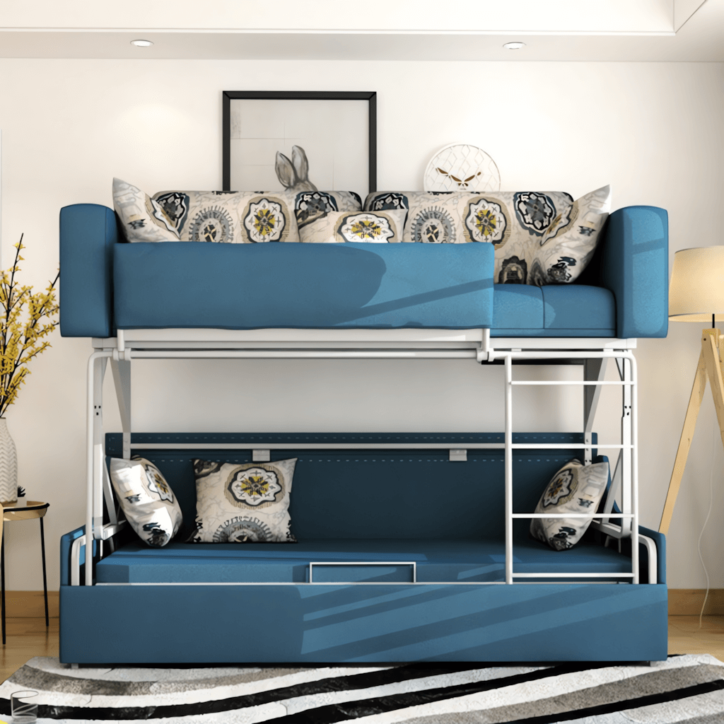 Convertible folding wood bunk bed sleeper with gray, blue, and khaki cushions included