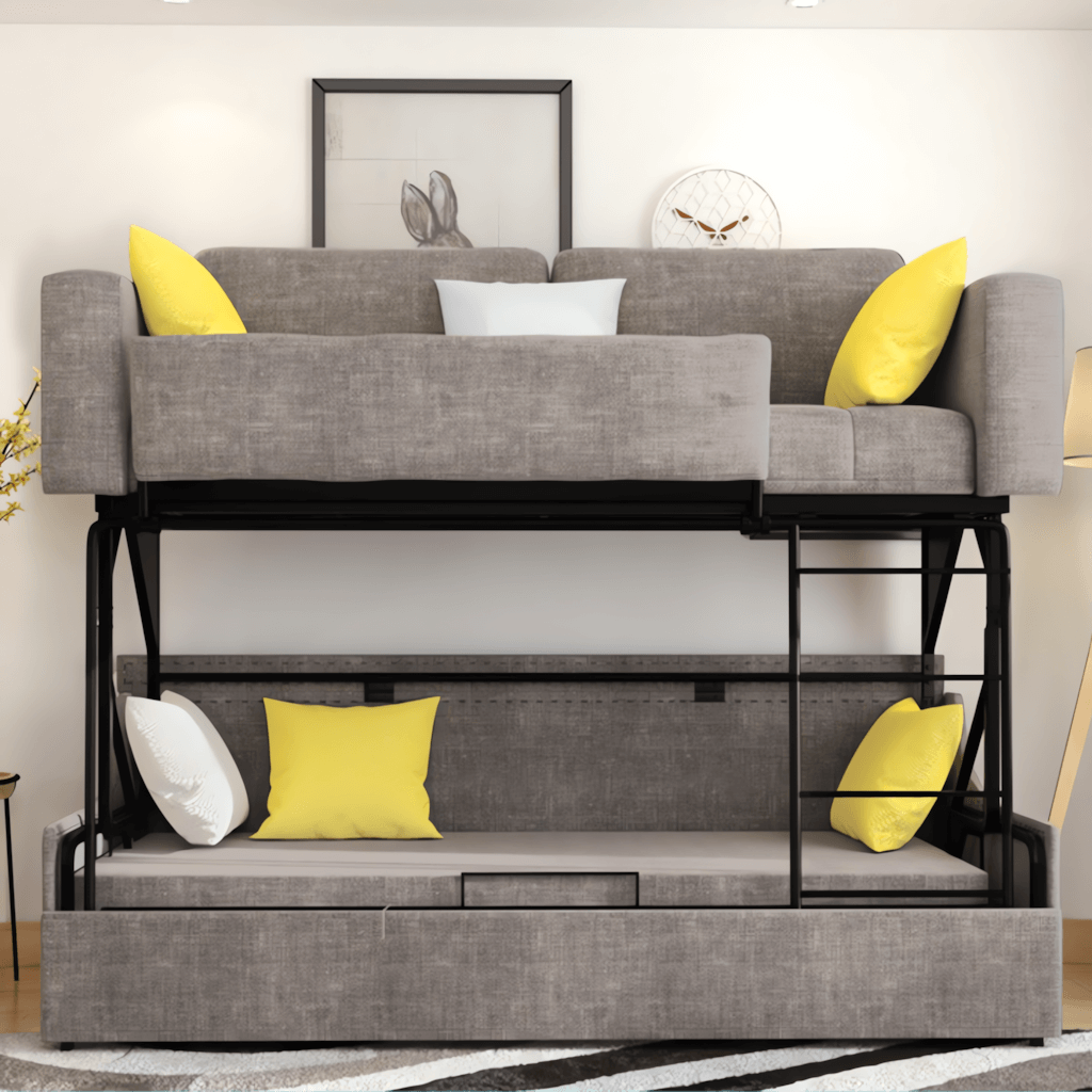 Convertible folding wood bunk bed sleeper with gray, blue, and khaki cushions included