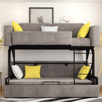 Convertible folding wood bunk bed sleeper with gray, blue, and khaki cushions included