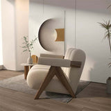 Japandi White Accent Chair Velvet Upholstery Armchair with Walnut Frame for Living Room