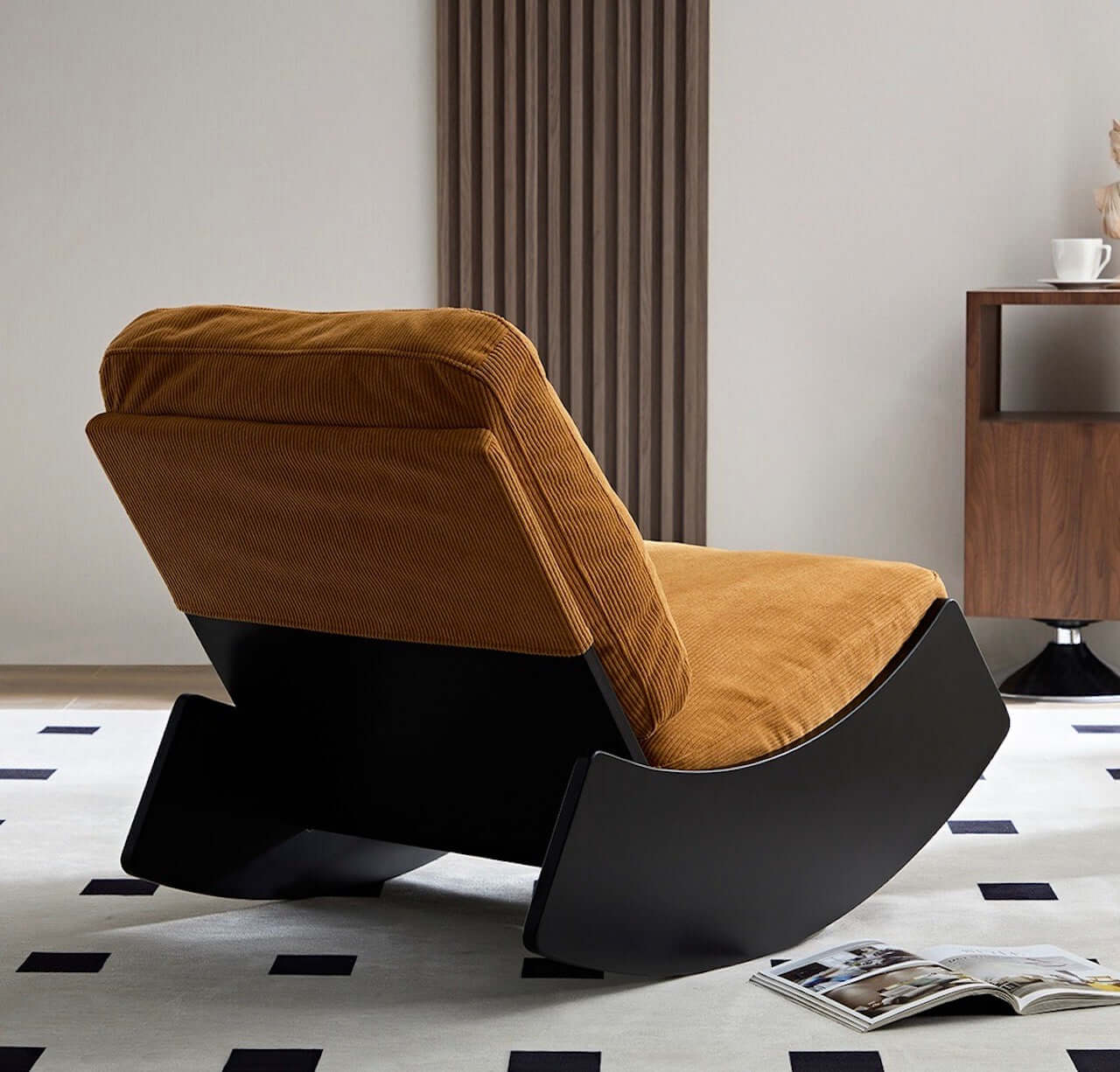 Yellow corduroy caterpillar lounge chair with soft cushion, single sofa rocker for comfortable seating