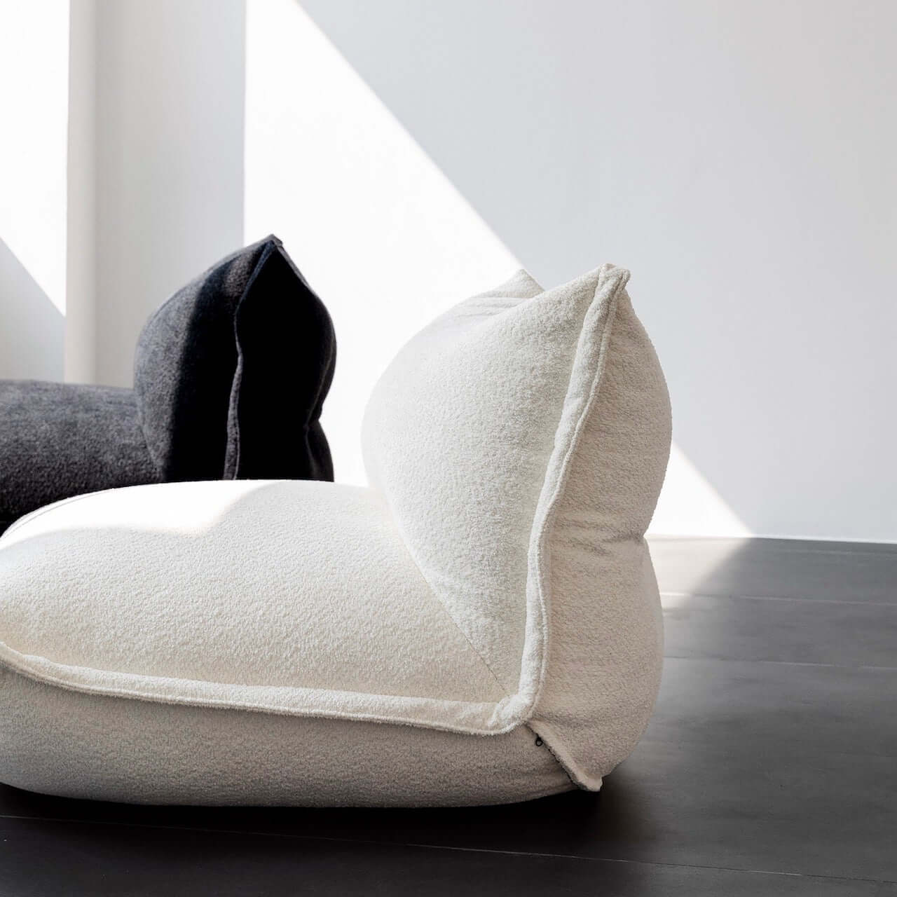 White alpaca boucle caterpillar single sofa lounge chair with floor-standing design