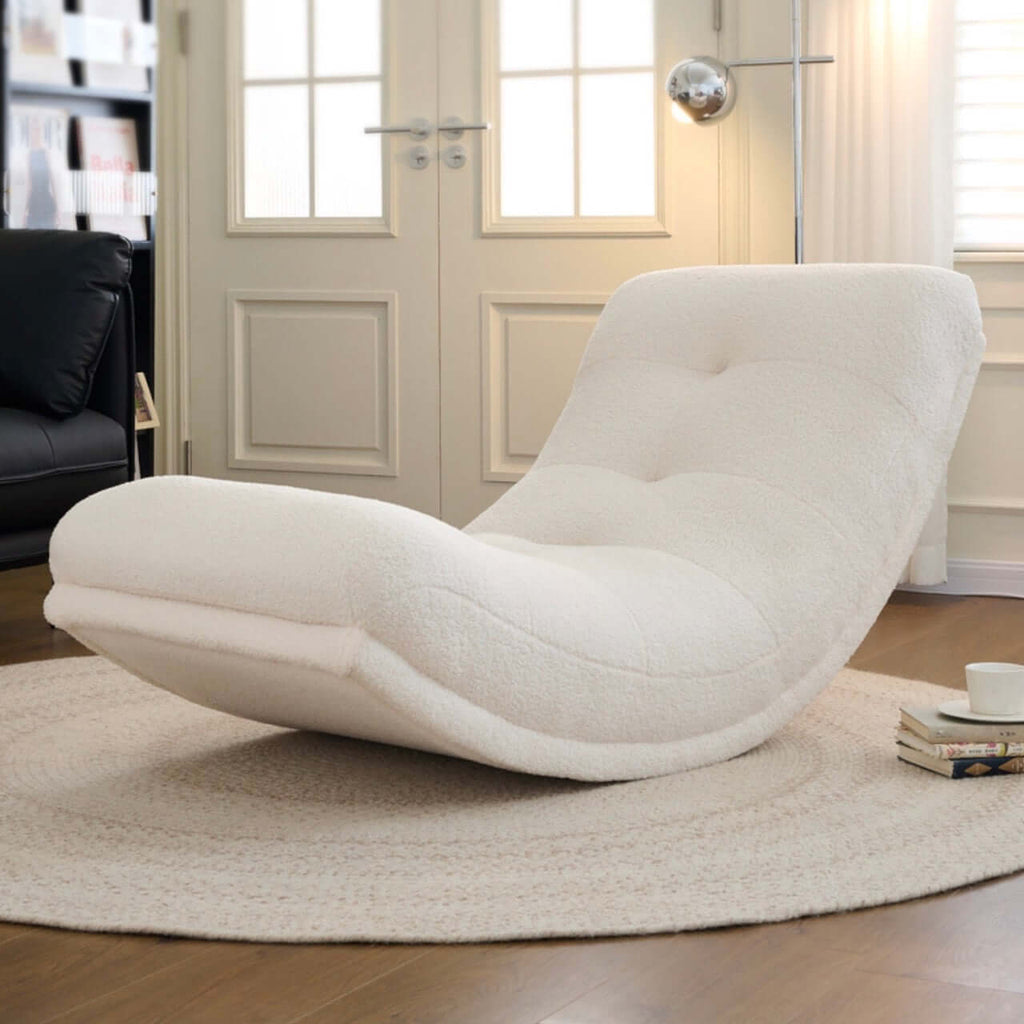 White boucle caterpillar lounge chair with soft cushion, single sofa rocker for comfortable seating