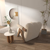 Japandi White Accent Chair Velvet Upholstery Armchair with Walnut Frame for Living Room