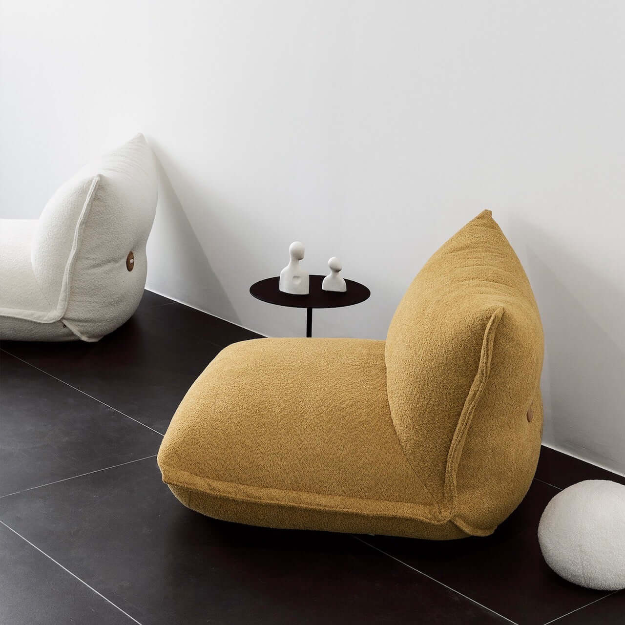 White alpaca boucle caterpillar single sofa lounge chair with floor-standing design