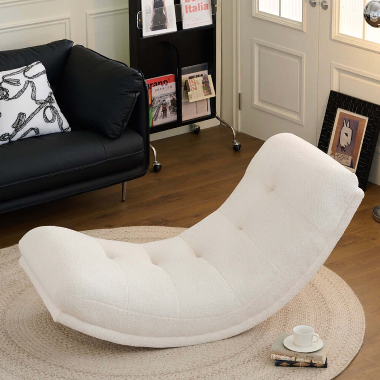 White boucle caterpillar lounge chair with soft cushion, single sofa rocker for comfortable seating