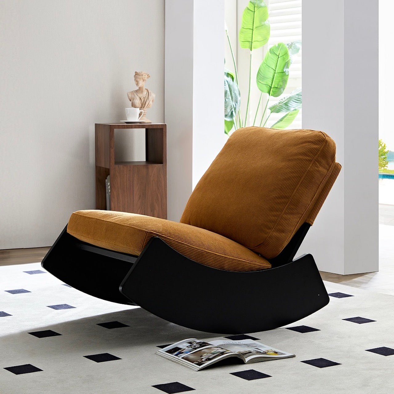 Soft Cushioned Yellow Corduroy Single Sofa Rocker in Modern Design