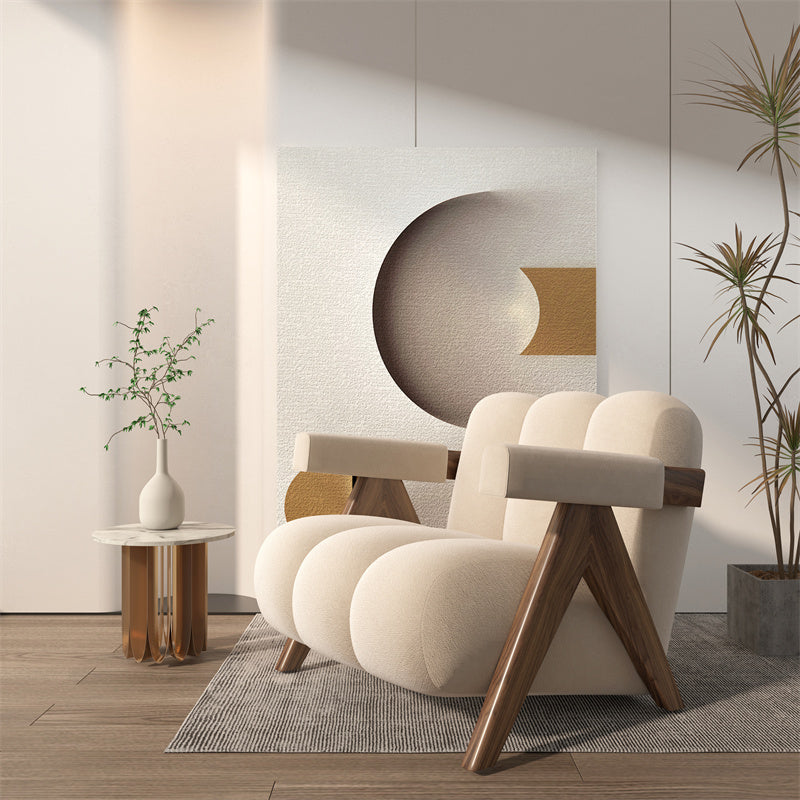 Japandi White Velvet Armchair with Walnut Frame for Living Room