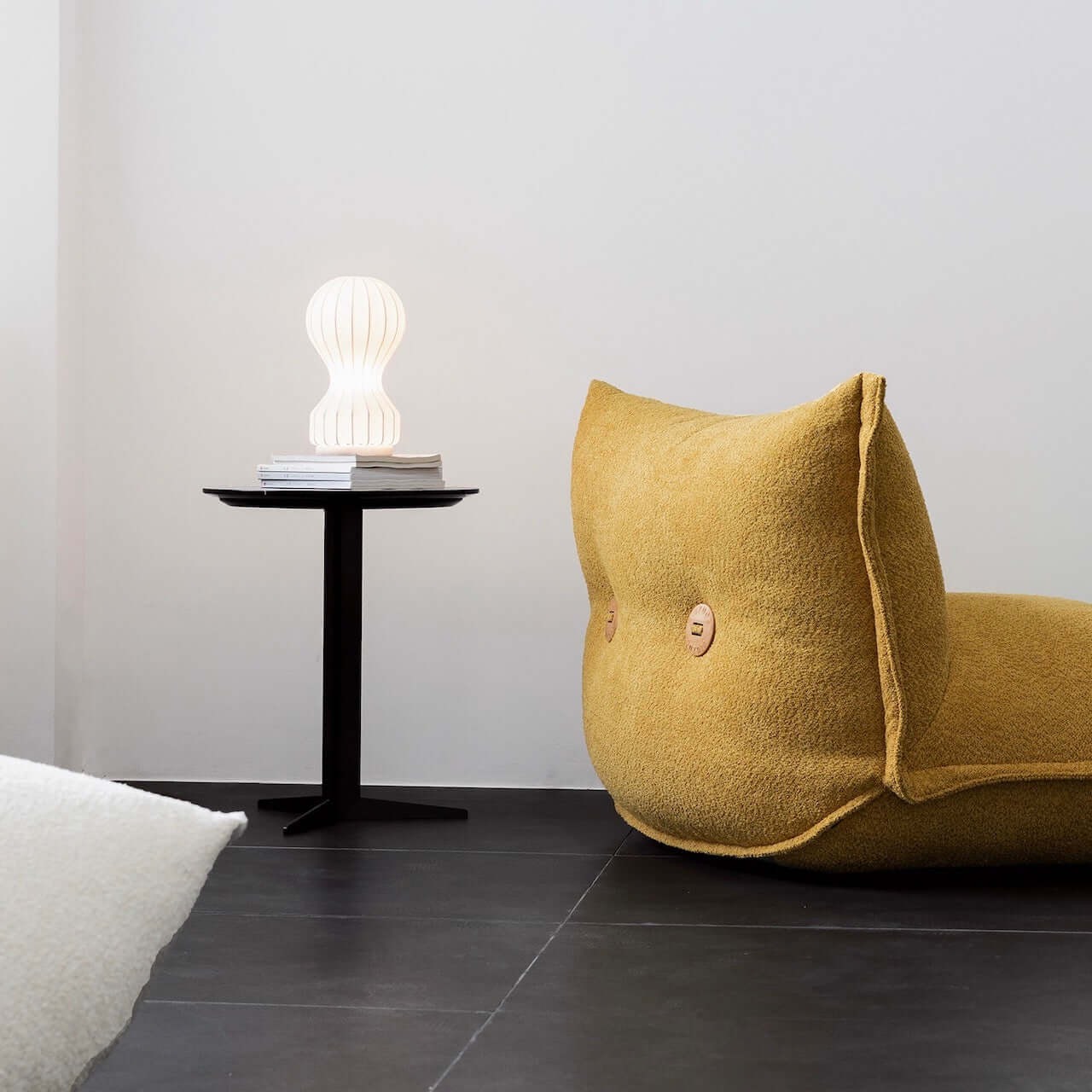 White alpaca boucle caterpillar single sofa lounge chair with floor-standing design