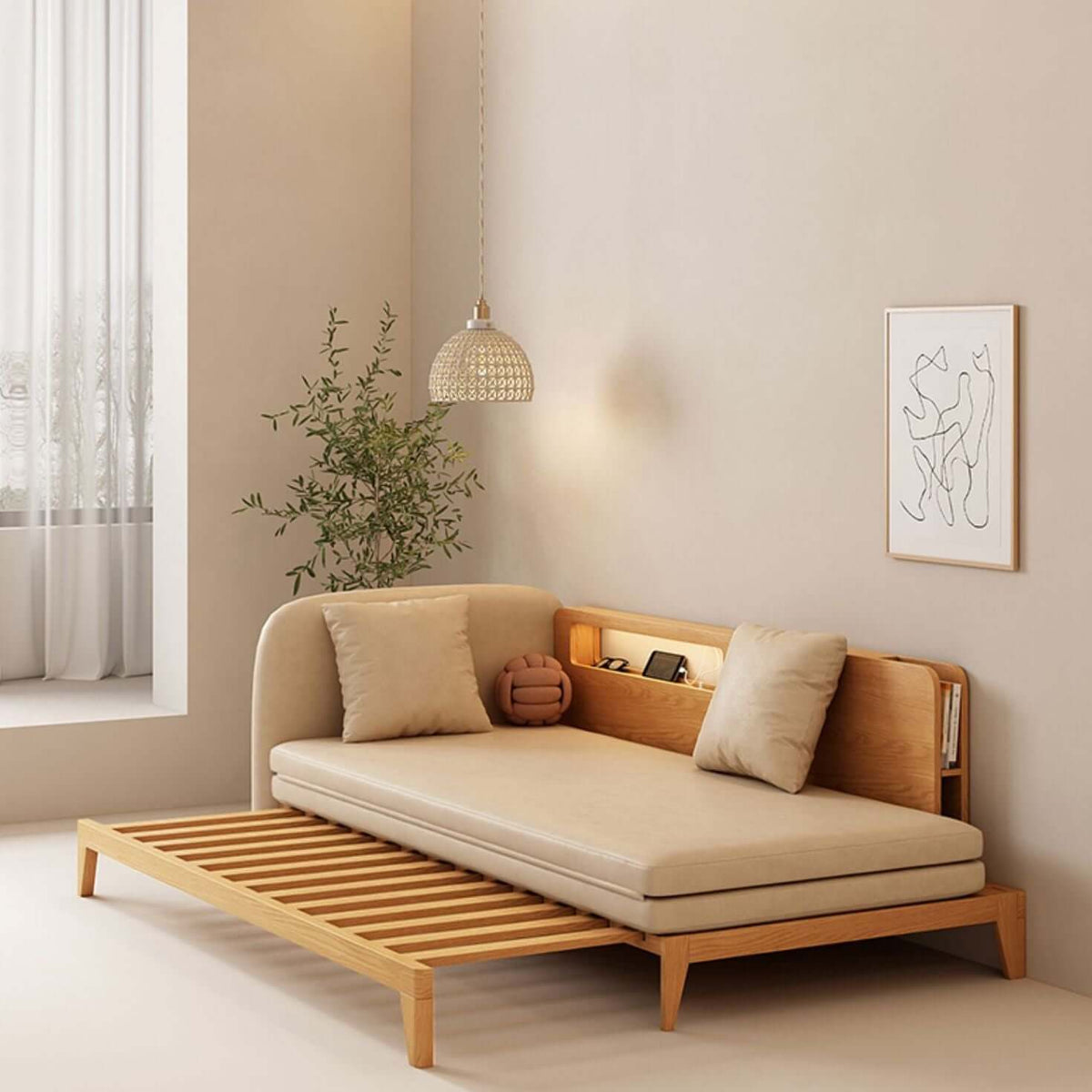 Ausziehbares Schlafsofa mit USB-Ladeanschluss, umwandelbares Holz-Schl – cocochairs