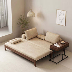 Modern Nordic sofa bed in khaki color with solid wood frame and convertible sleeper function