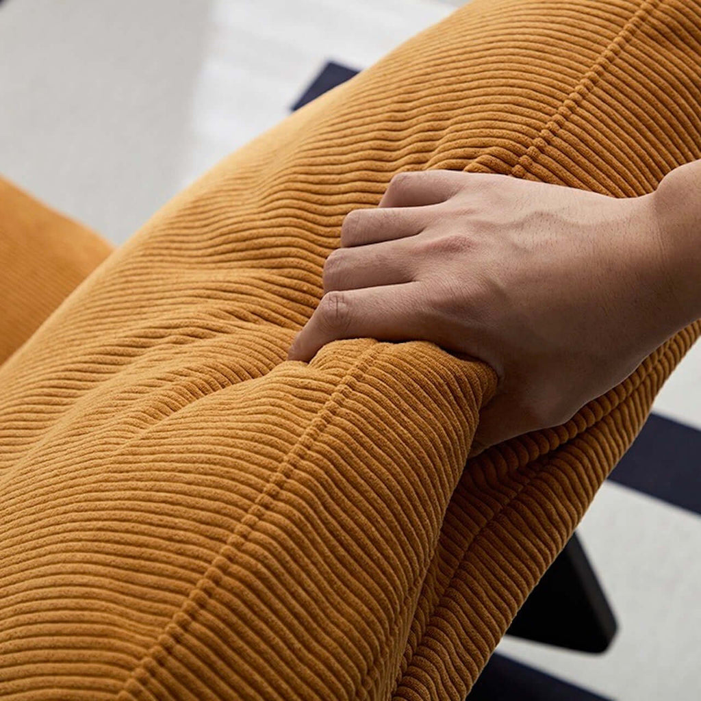 Yellow corduroy caterpillar lounge chair with soft cushion, single sofa rocker for comfortable seating