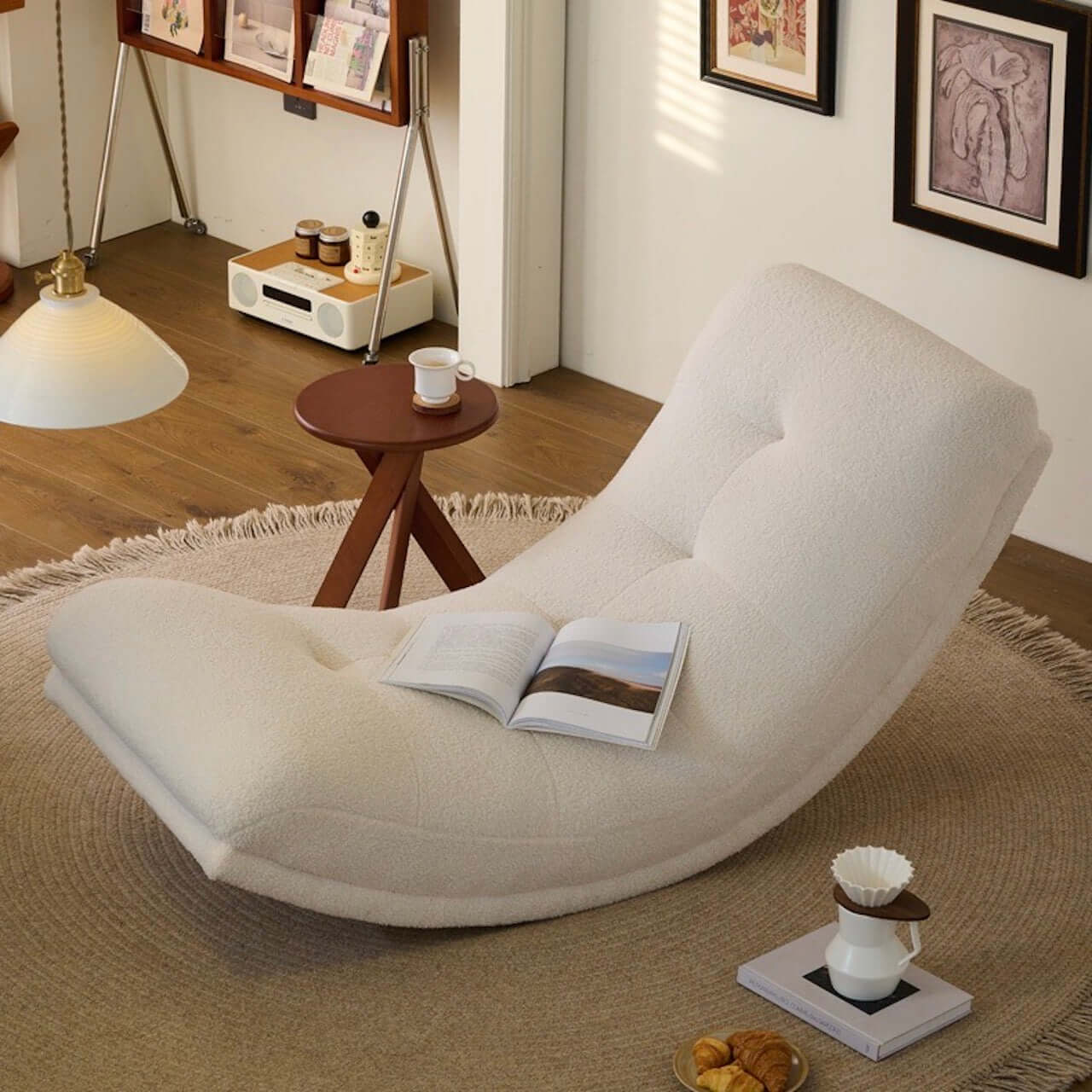 White boucle caterpillar lounge chair with soft cushion, single sofa rocker for comfortable seating