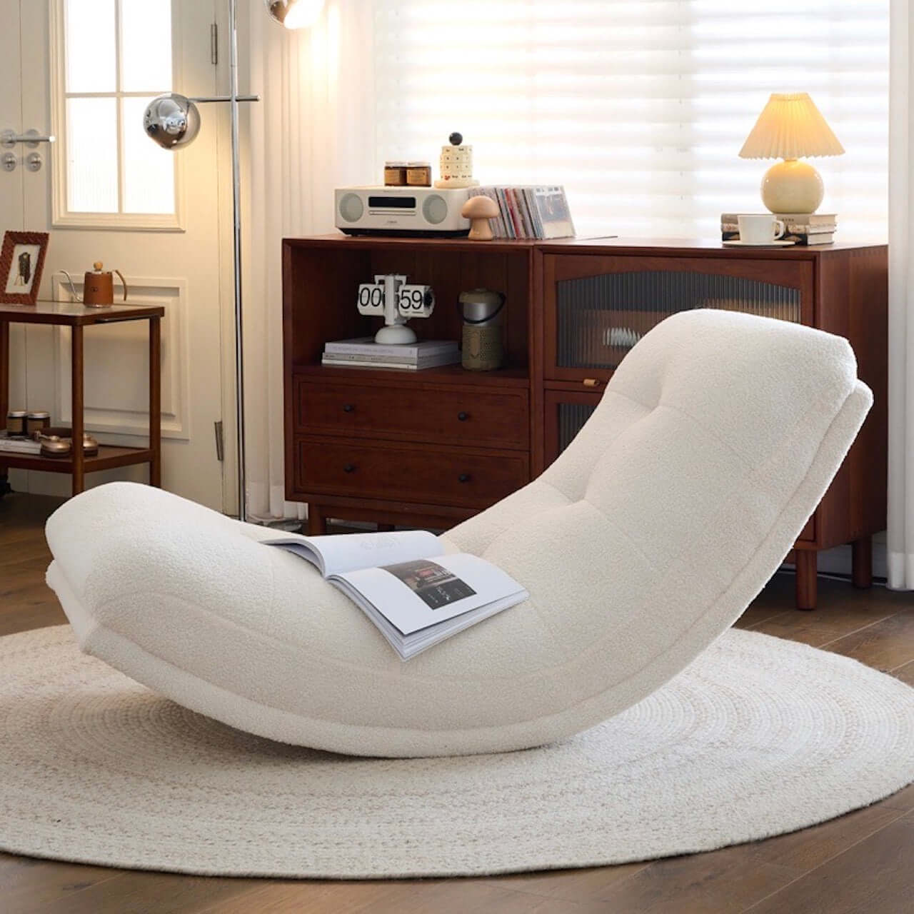 White boucle caterpillar lounge chair with soft cushion, single sofa rocker for comfortable seating main product image Main image