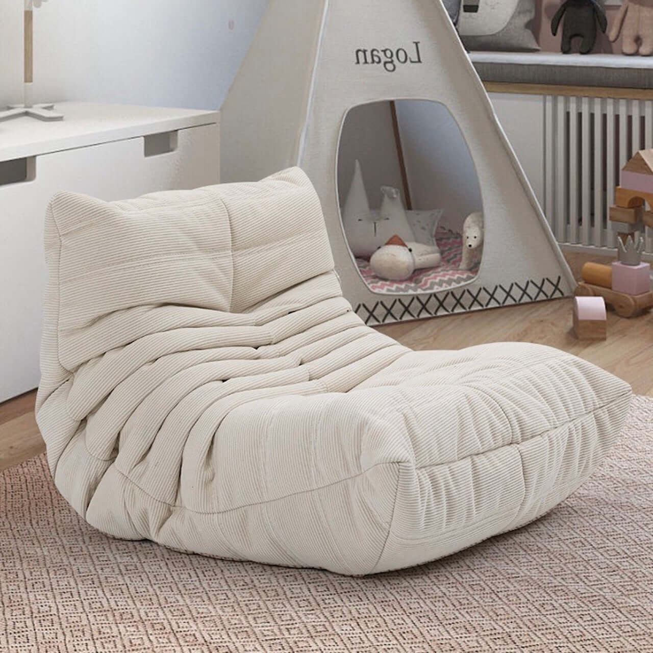 Kids' suede furry caterpillar lounge chair and single Togo sofa available in multiple colors