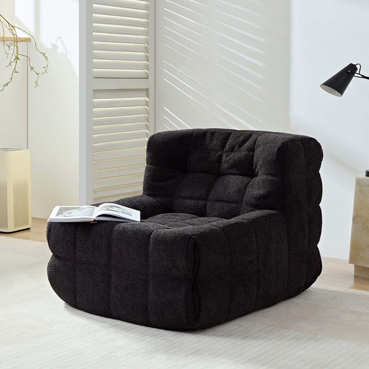 Vintage black corduroy square lounge chair with caterpillar design, single sofa perfect for cozy seating main product image メイン画像