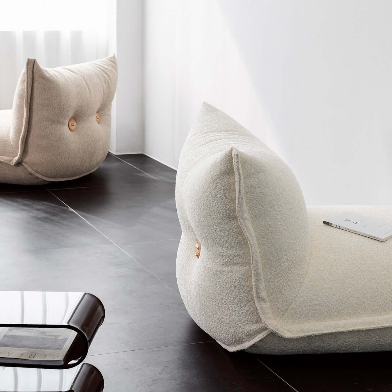 White alpaca boucle caterpillar single sofa lounge chair with floor-standing design