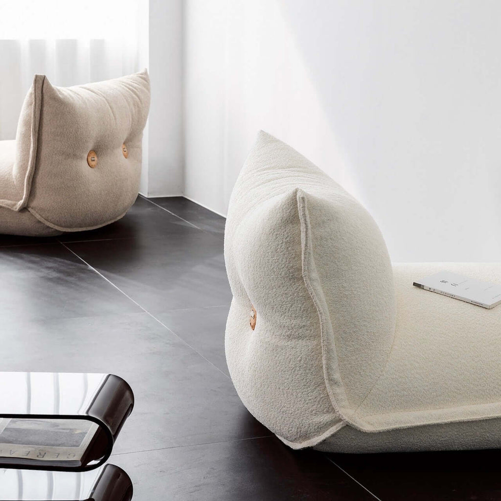 White alpaca boucle caterpillar single sofa lounge chair with floor-standing design