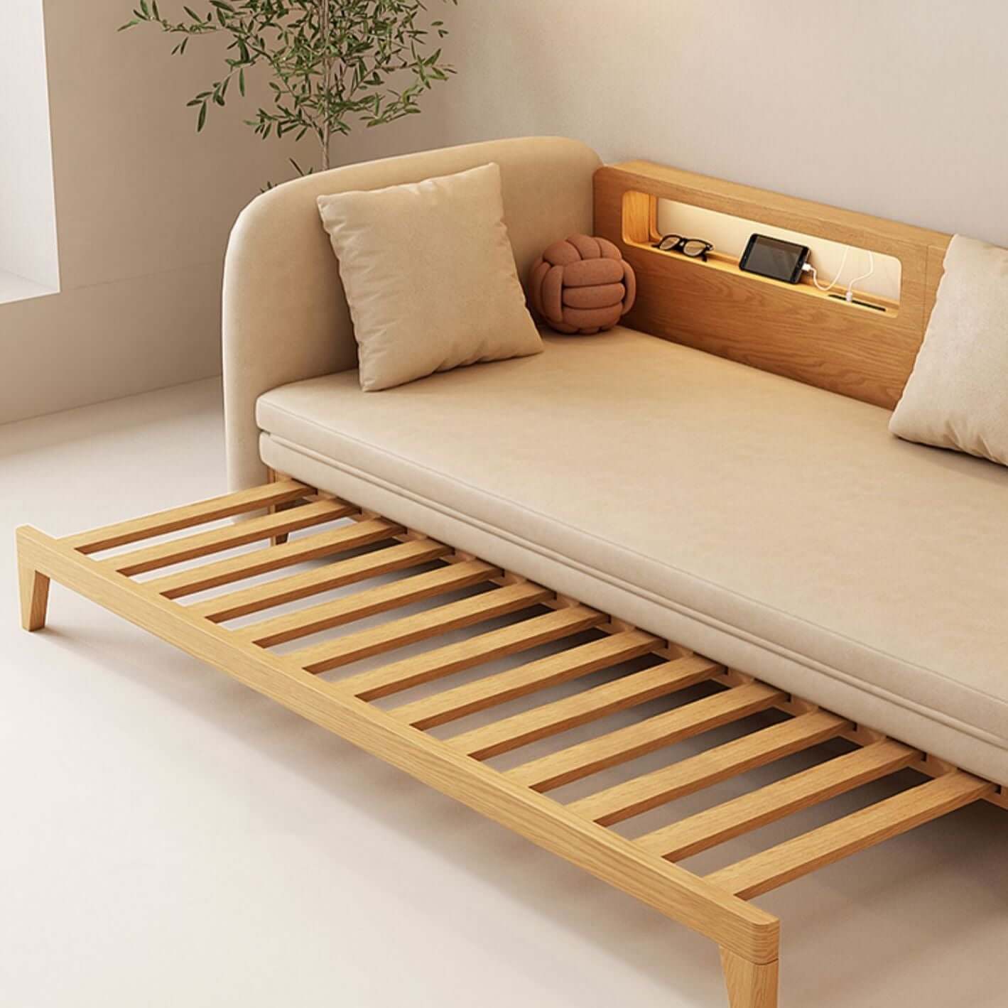Ausziehbares Schlafsofa mit USB-Ladeanschluss, umwandelbares Holz-Schl – cocochairs