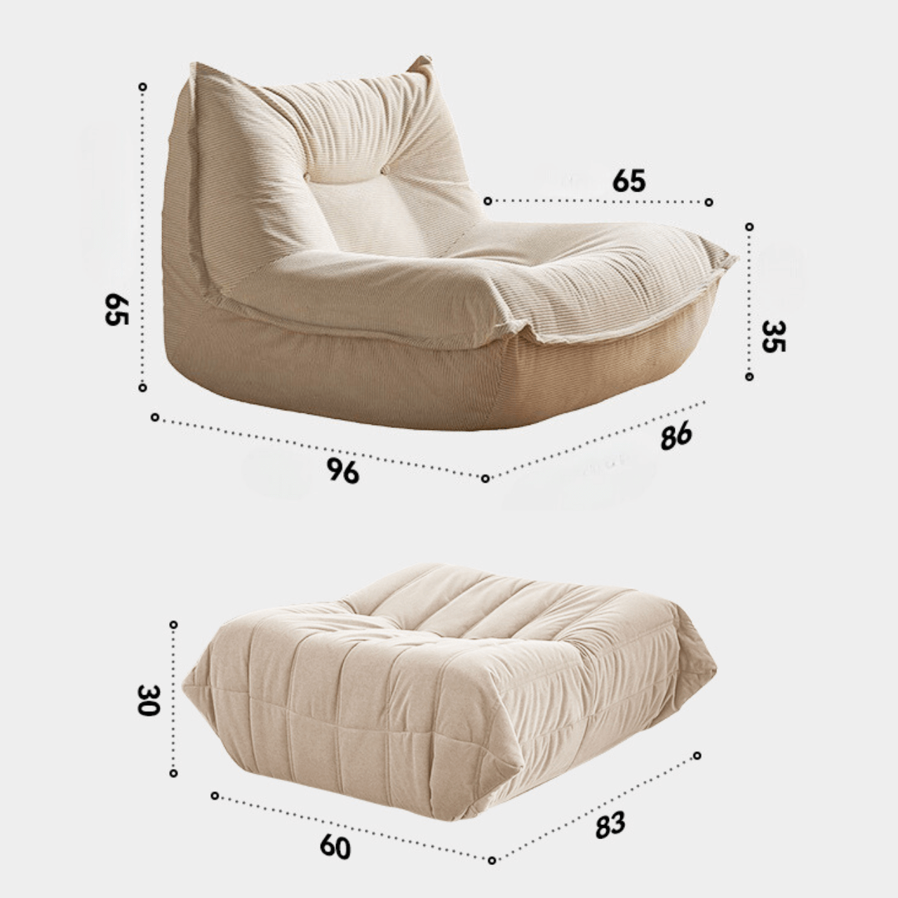 White corduroy single lounge chair with soft recliner design, inspired by Caterpillar Togo sofa
