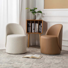 Comfortable Nordic White Boucle Sherpa Round Vanity Stool Swivel Accent Chair with Low Back Design