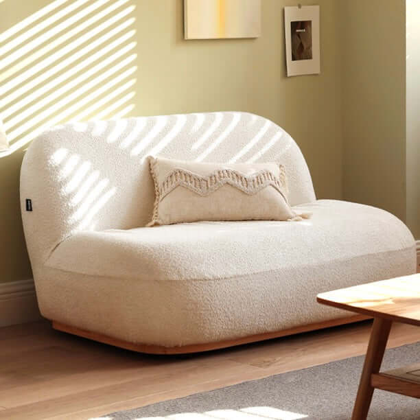 2 seater Nordic white boucle sofa with sherpa upholstery, perfect for a cozy living room