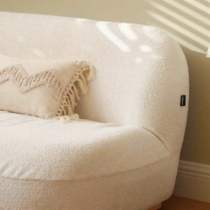 2 seater Nordic white boucle sofa with sherpa upholstery, perfect for a cozy living room