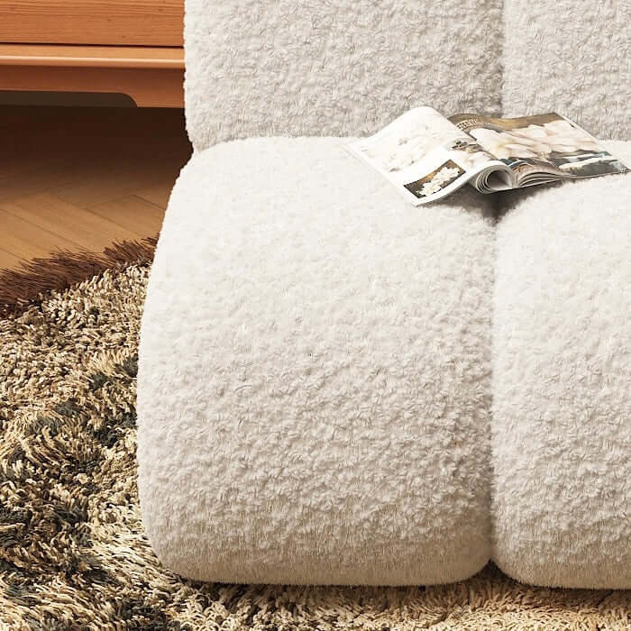 White Japandi-style boucle single lazy sofa chair with Nordic design for leisure seating