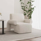 White and green sherpa boucle accent chair with curved base and ottoman for living room seating