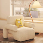 White and green sherpa boucle accent chair with curved base and ottoman for living room seating