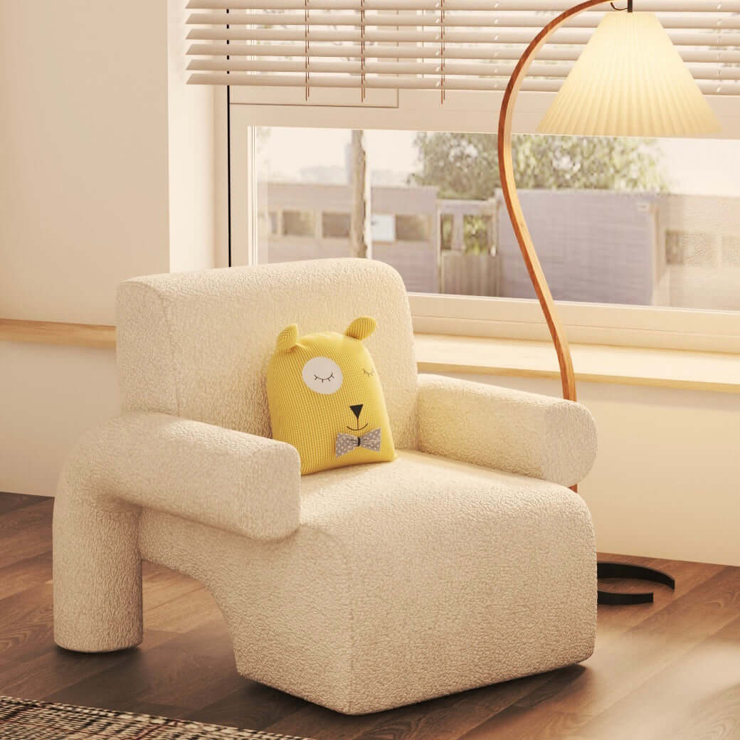 White and green sherpa boucle accent chair with curved base and ottoman for living room seating