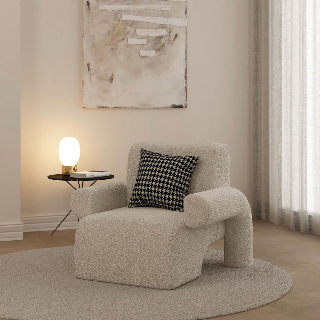 White and green sherpa boucle accent chair with curved base and ottoman for living room seating