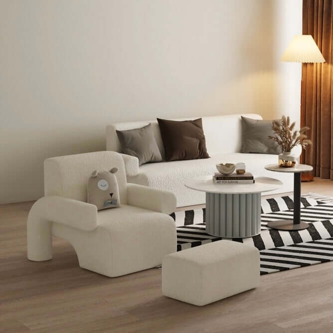 White and green sherpa boucle accent chair with curved base and ottoman for living room seating main product image